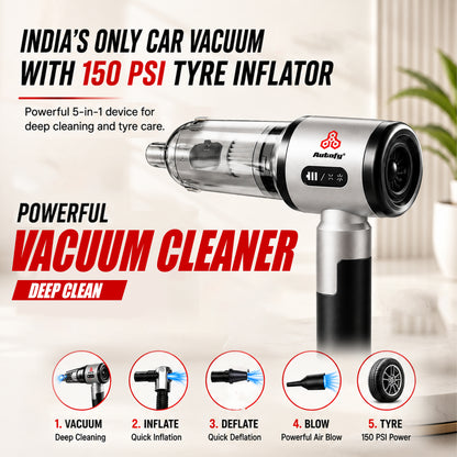 Autofy Bolt 5-in-1 Wireless Car Vacuum Cleaner & Tyre Inflator 18000Pa suction, 150 PSI inflator
