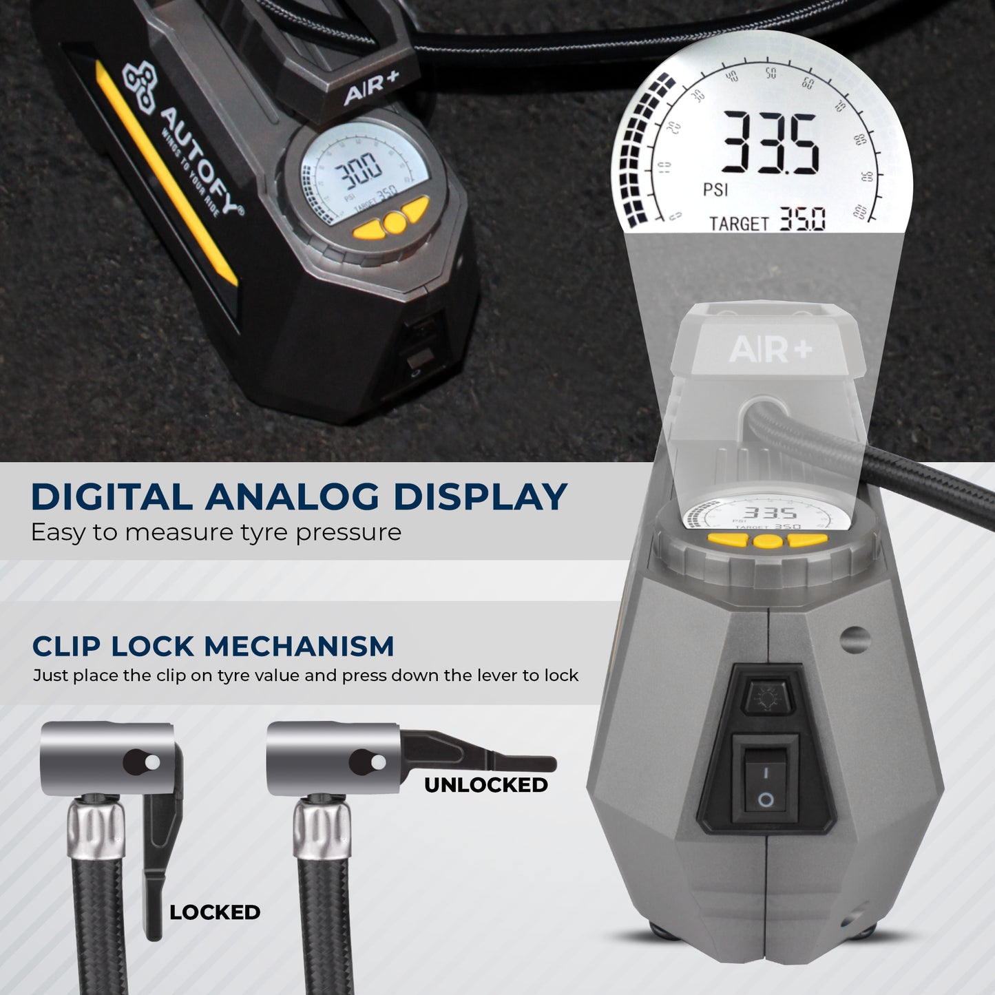 Autofy AIR+ 150PSi Car Tyre Inflator Pump (Digital & Analog Hybrid Display)
