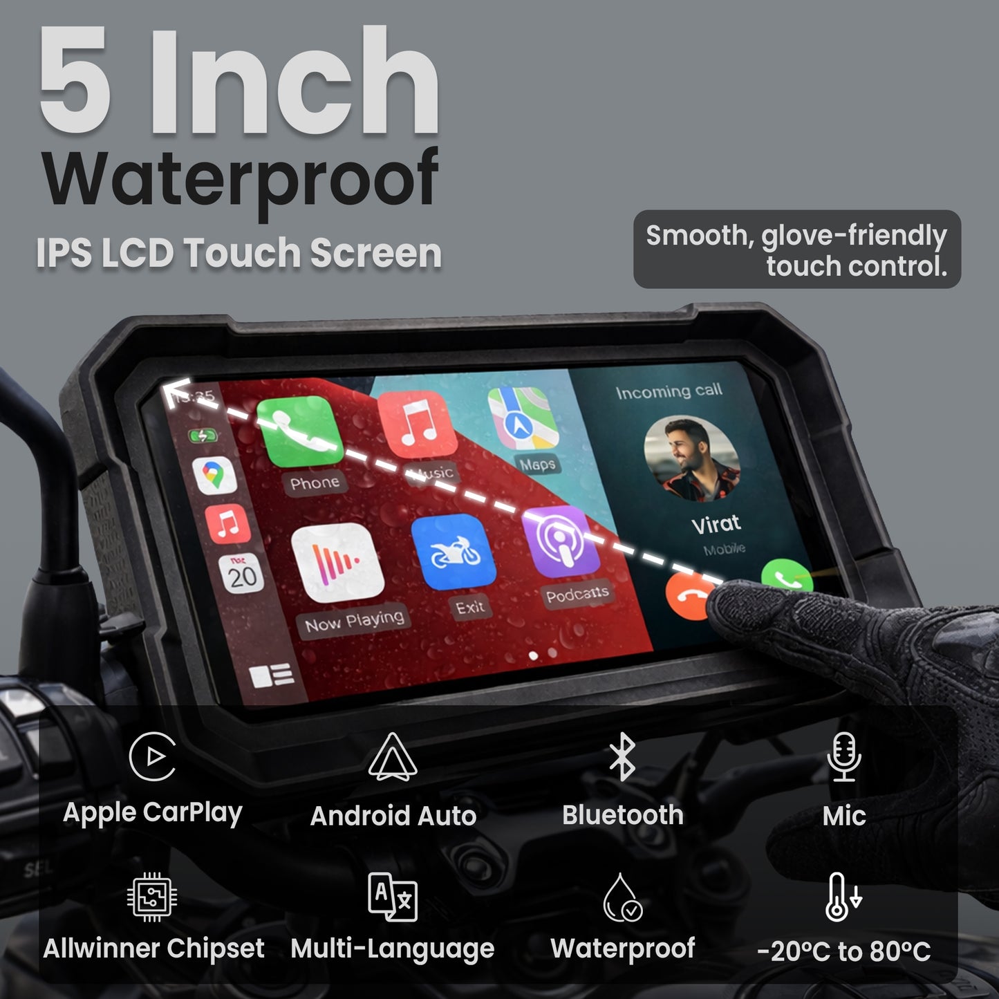 Autofy Motoplay Waterproof 5’ Inch Bike Navigation Carplay Screen - New Quick Detatchable Design