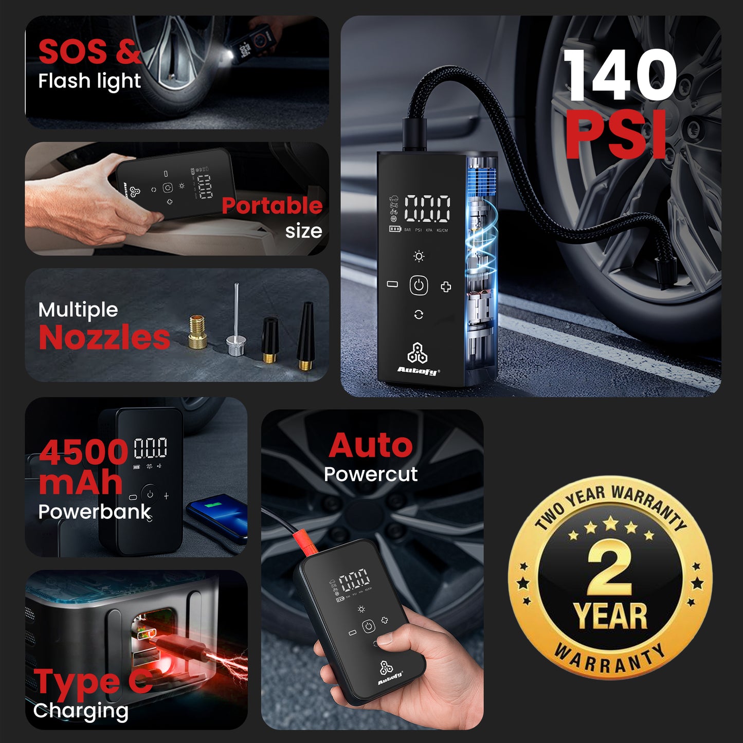 Autofy AirBit Dual Power Mode Battery & Corded 140PSI Car Tyre Inflator Pump