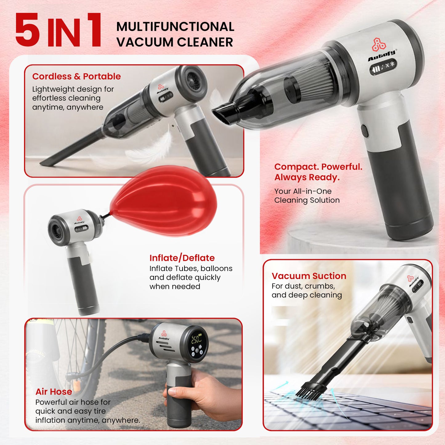 Autofy Bolt 5-in-1 Wireless Car Vacuum Cleaner & Tyre Inflator 18000Pa suction, 150 PSI inflator