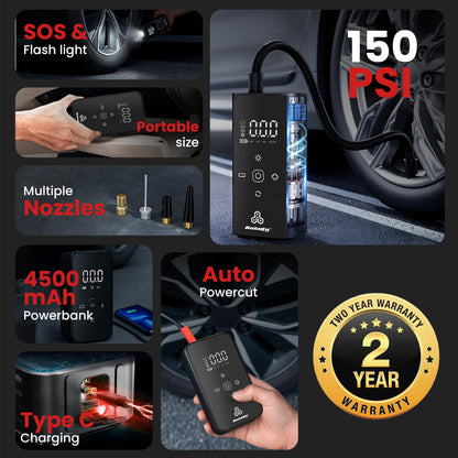 Autofy AirBit Dual Power Mode Battery & Corded 140PSI Car Tyre Inflator Pump