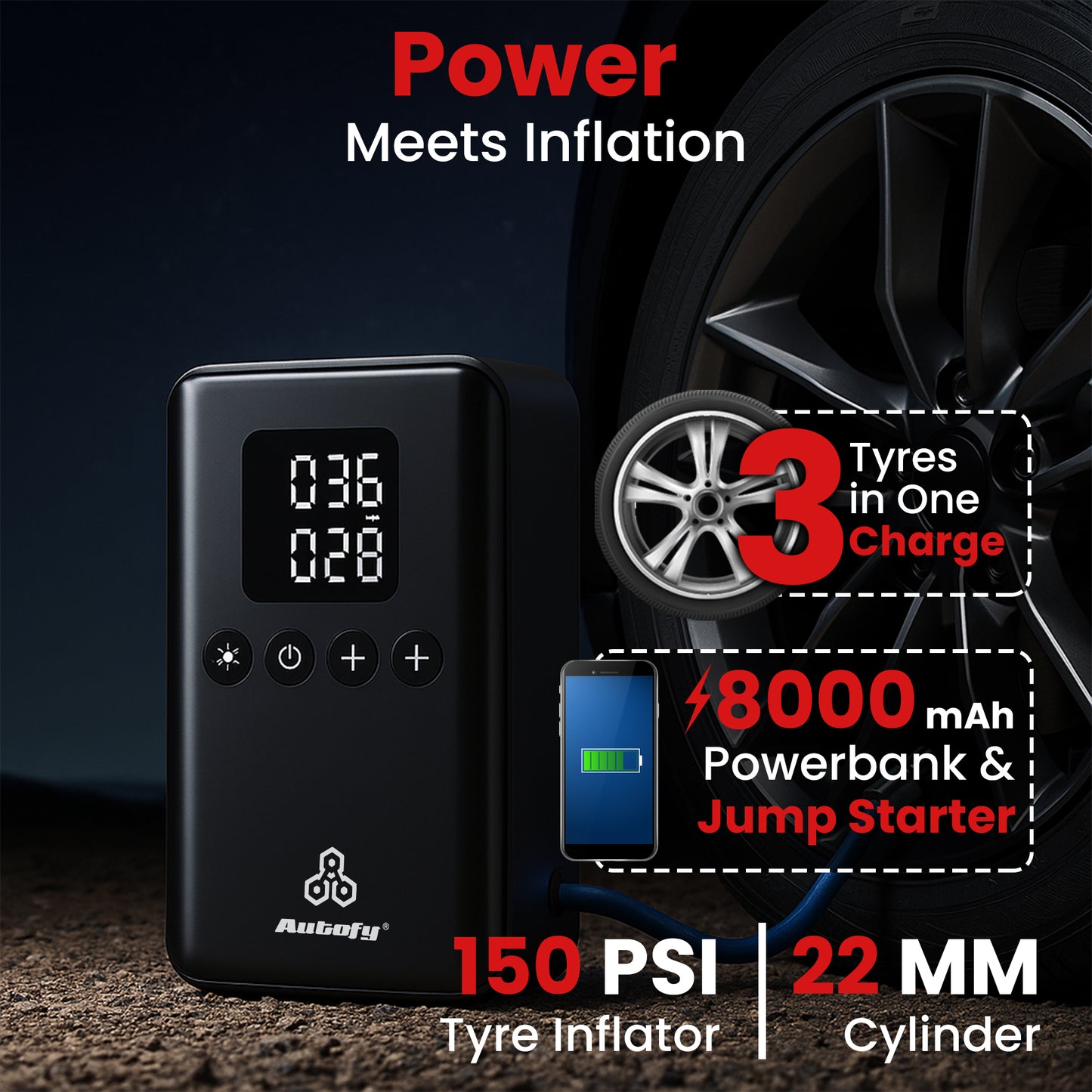 Autofy VoltX Car Jump Starter & Car Tyre Inflator Pump 150PSi - for All Cars Sedan SUV Hatchback