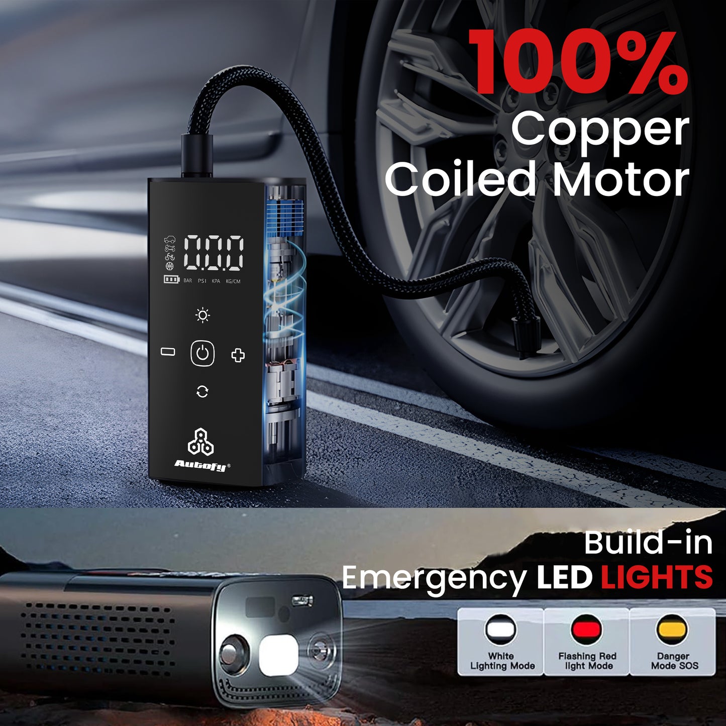 Autofy AirBit Dual Power Mode Battery & Corded 140PSI Car Tyre Inflator Pump