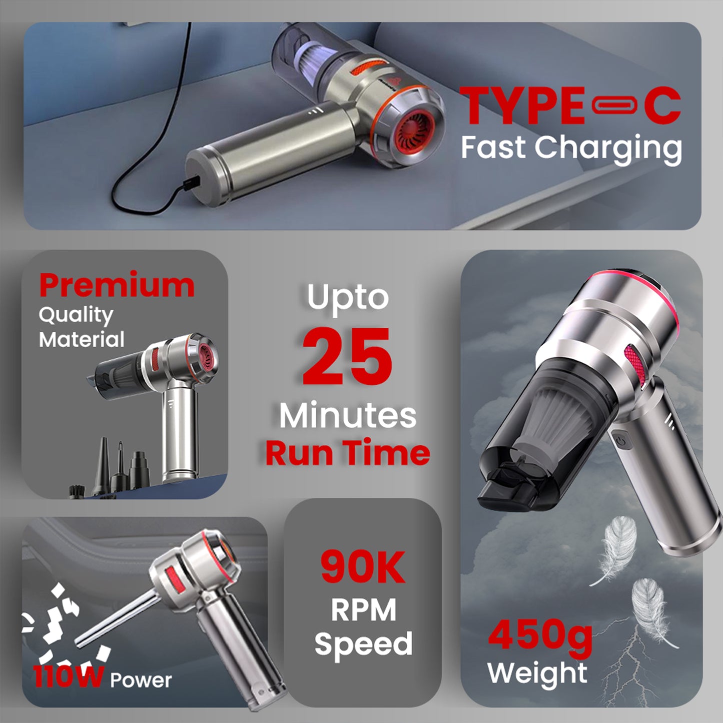 Autofy Storm 3 Ultra Powerful - Fully Wireless Car Vacuum Cleaner Air Blower - BLDC Motor - 18000PA 3.5X More Suction Power