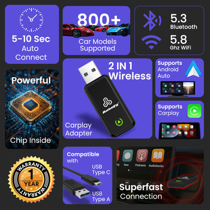 Autofy K2 Wireless Carplay Adapter & Android Auto with USB Type A & Type C Ports