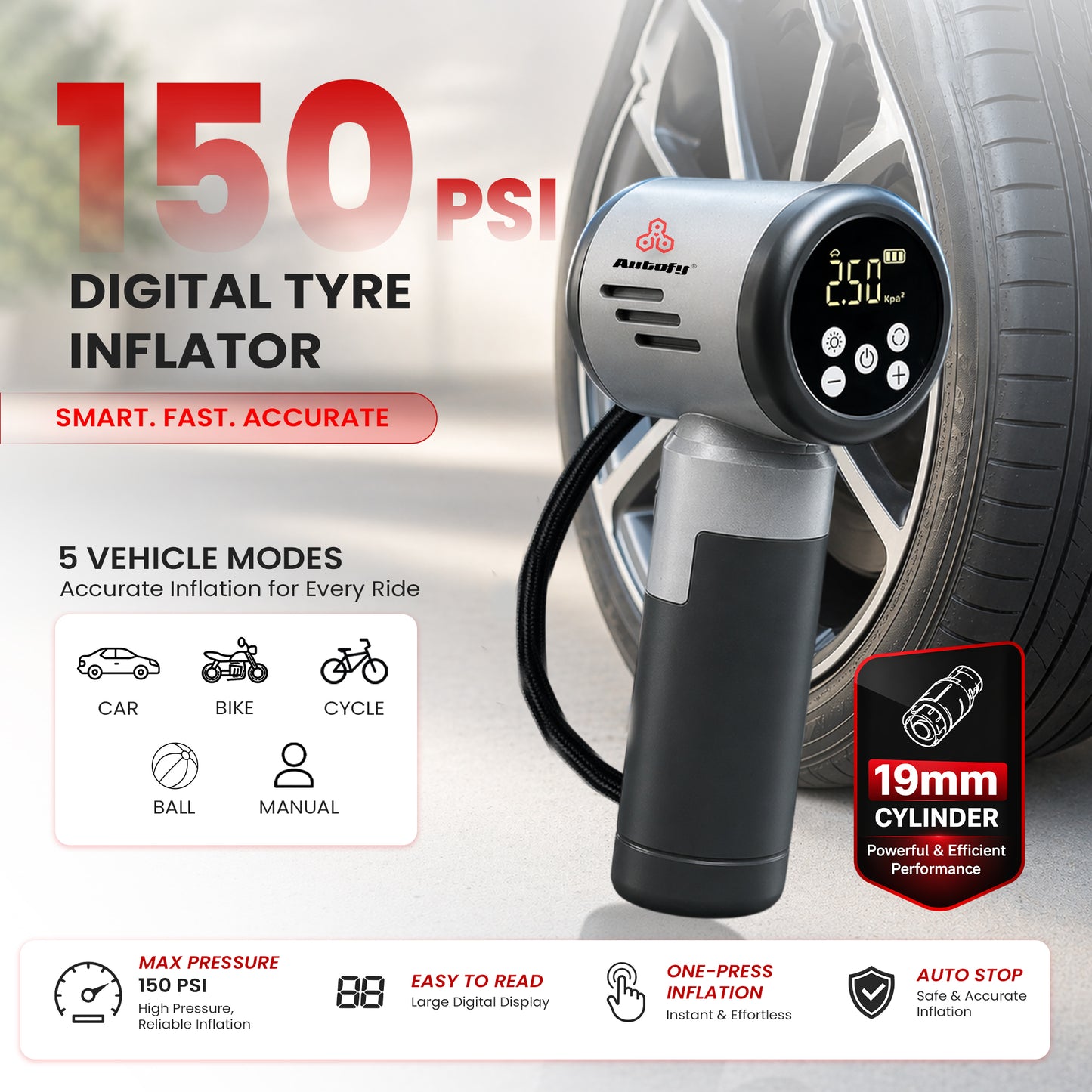 Autofy Bolt 5-in-1 Wireless Car Vacuum Cleaner & Tyre Inflator 18000Pa suction, 150 PSI inflator