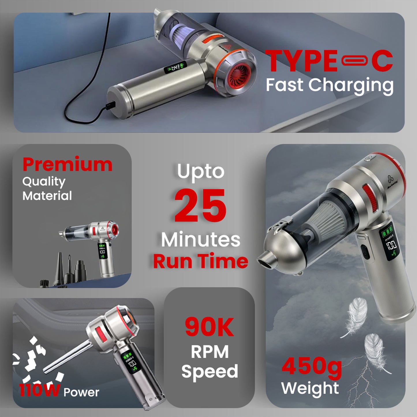 Autofy Storm 3 V2.0 Ultra Powerful - Fully Wireless Car Vacuum Cleaner Air Blower - BLDC Motor - 18000PA 3.5X More Suction Power | Digital Meter for Battery Monitoring, LED Handle Light & Easy-Open Dust Cap