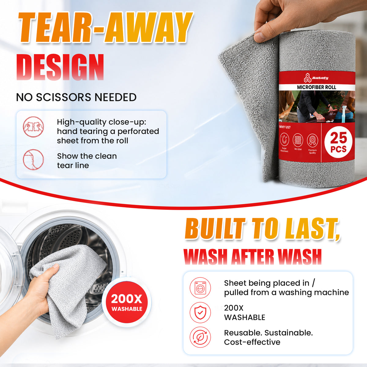 Autofy 25 Pcs Tearable Microfiber Roll Cleaning Cloth Size 30x30cm