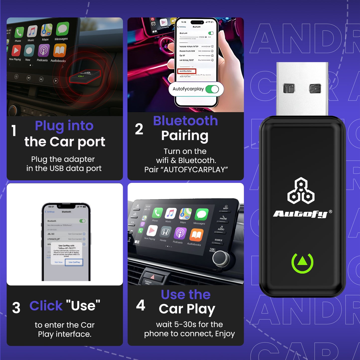 Autofy K2 Wireless Carplay Adapter & Android Auto with USB Type A & Type C Ports