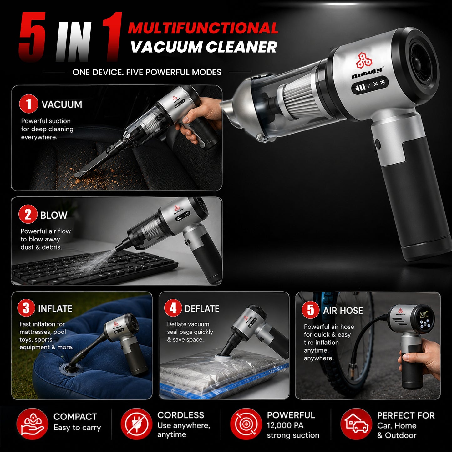 Autofy Bolt 5-in-1 Wireless Car Vacuum Cleaner & Tyre Inflator 18000Pa suction, 150 PSI inflator