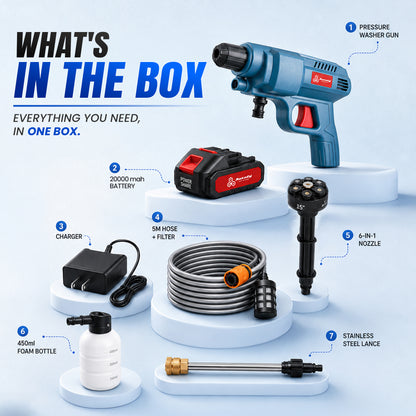 Autofy HydroJet Car Washer High Pressure Gun (20 Bar, 21V, 20,000mAh Battery, Brushless Motor, 3.7 L/min Flow Pressure Washer Gun)
