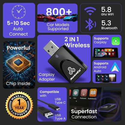 Autofy K1 Wireless Carplay Adapter & Android Auto with USB Type A & Type C Ports