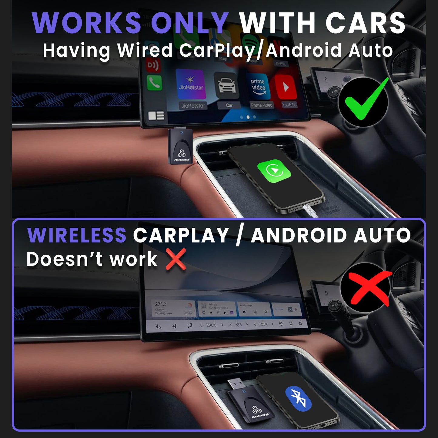 Autofy K1 Wireless Carplay Adapter & Android Auto with USB Type A & Type C Ports | Works Only With Cars having Wired Car play