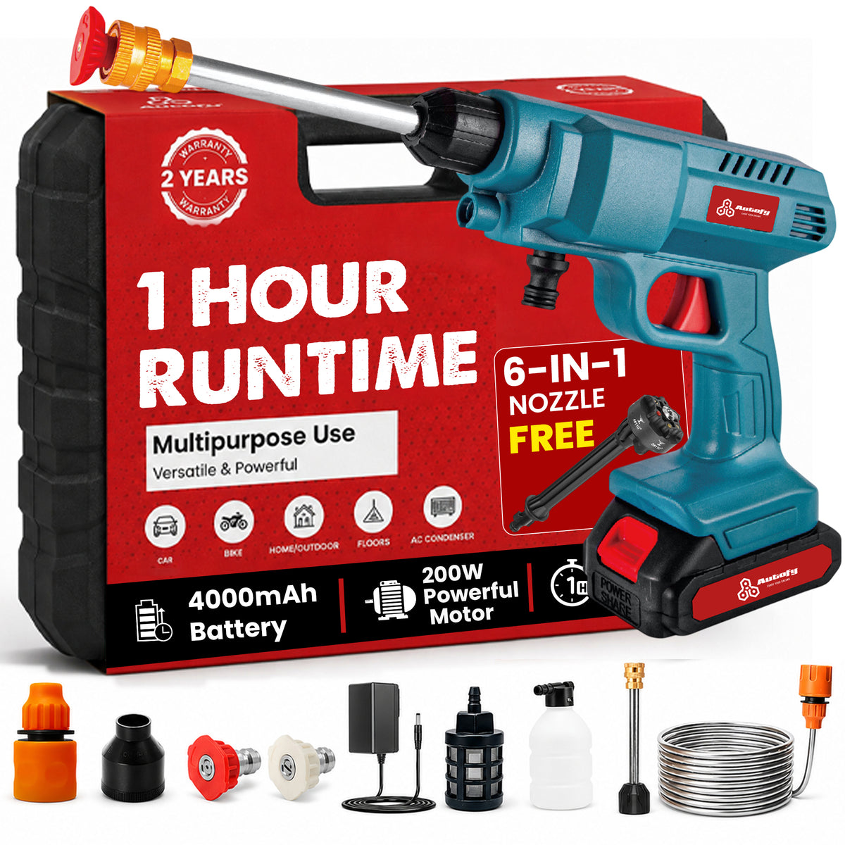 Autofy HydroJet Car Washer High Pressure Gun (20 Bar, 21V, 20,000mAh Battery, 200W Powerful Motor , 3.7 L/min Flow Pressure Washer Gun)