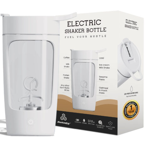 Autofy Electric Shaker for Gym Protein Shaker Bottle 100% Leakproof Design Multipurpose Use Coffee Lassi Milkshake BCAA Mixing Home Office Workout use *60 Mins Runtime* Anti-Skid Base (White- 650ml)